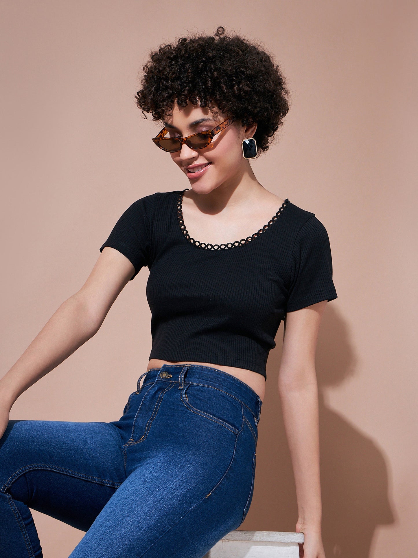 Black Rib Round Neck Crop Top