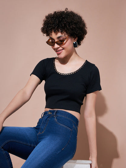 Black Rib Round Neck Crop Top