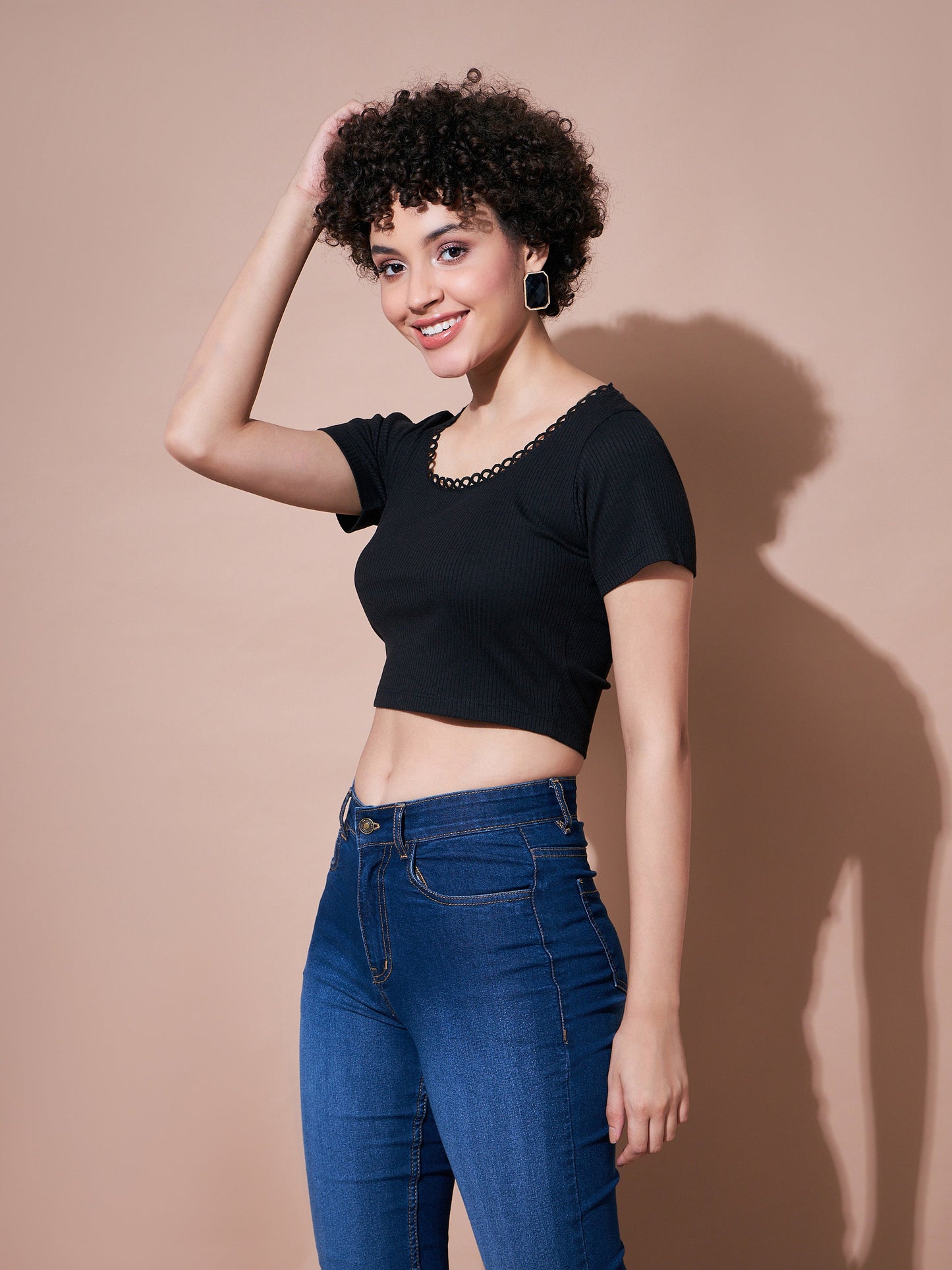Black Rib Round Neck Crop Top