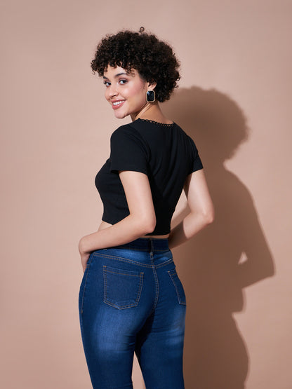 Black Rib Round Neck Crop Top