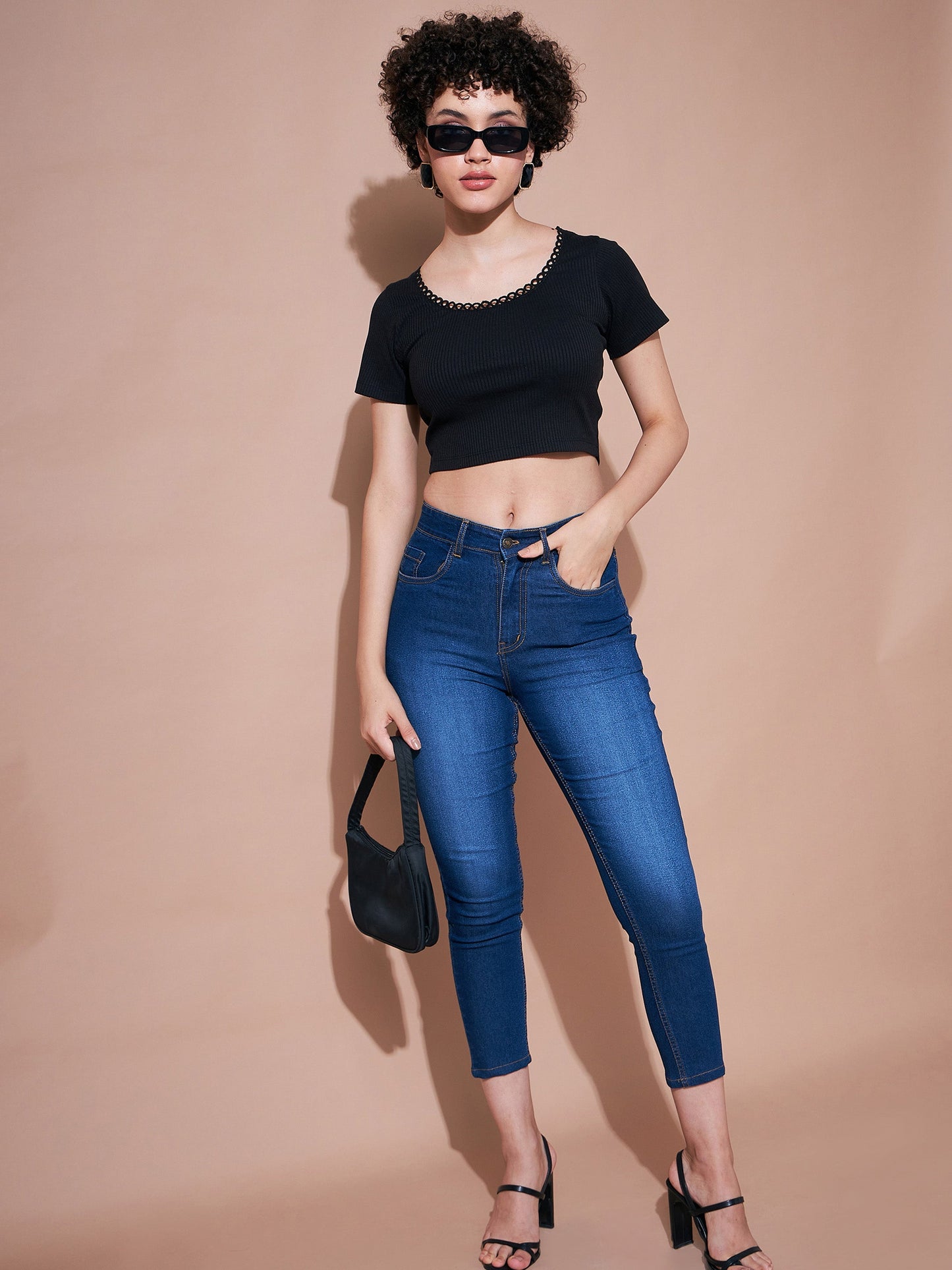 Black Rib Round Neck Crop Top