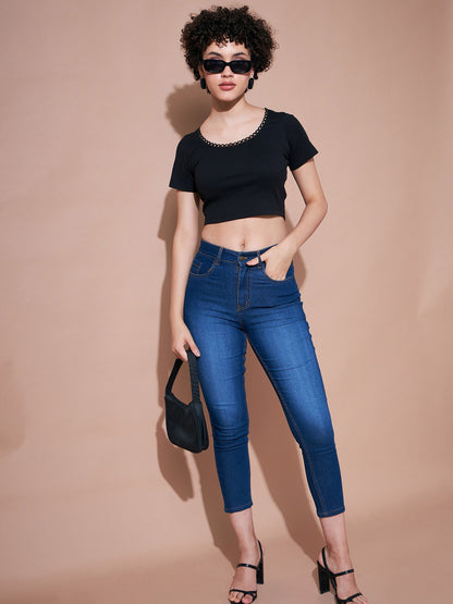 Black Rib Round Neck Crop Top