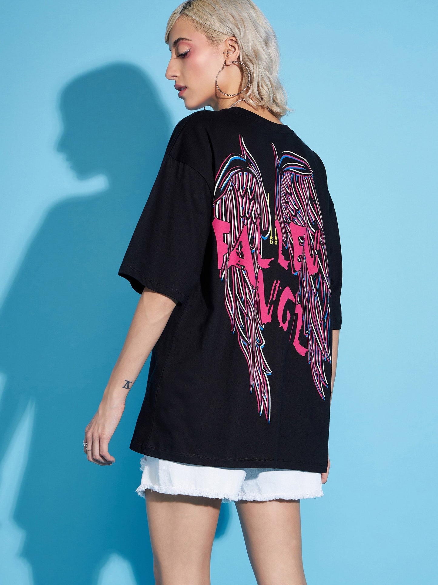 Black FALLEN ANGEL Printed Oversized T-Shirt