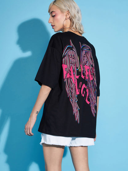 Black FALLEN ANGEL Printed Oversized T-Shirt
