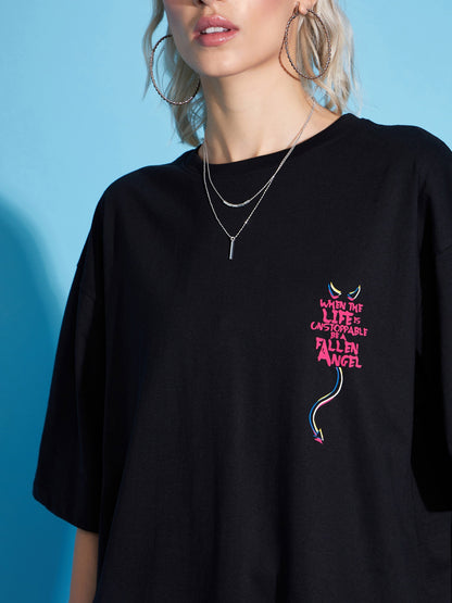 Black FALLEN ANGEL Printed Oversized T-Shirt