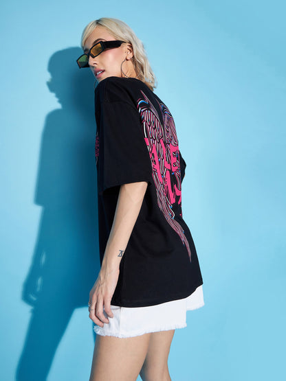 Black FALLEN ANGEL Printed Oversized T-Shirt