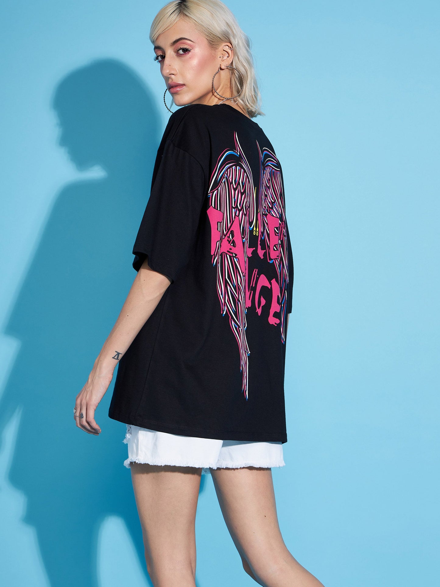 Black FALLEN ANGEL Printed Oversized T-Shirt
