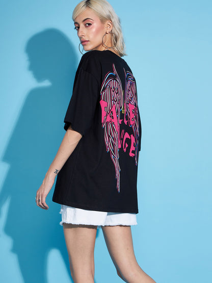 Black FALLEN ANGEL Printed Oversized T-Shirt
