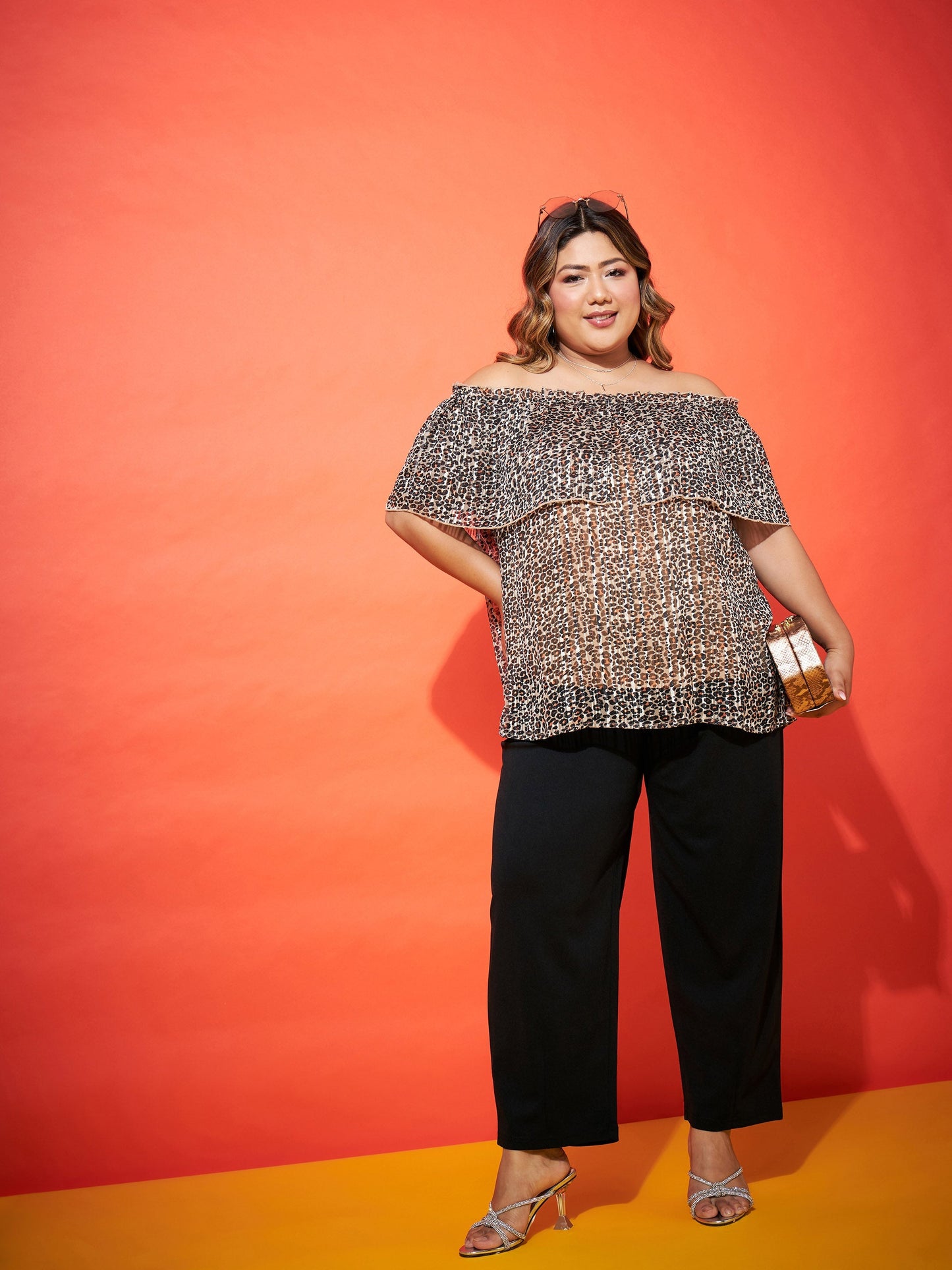 Beige Animal Lurex Frill Bardot Top