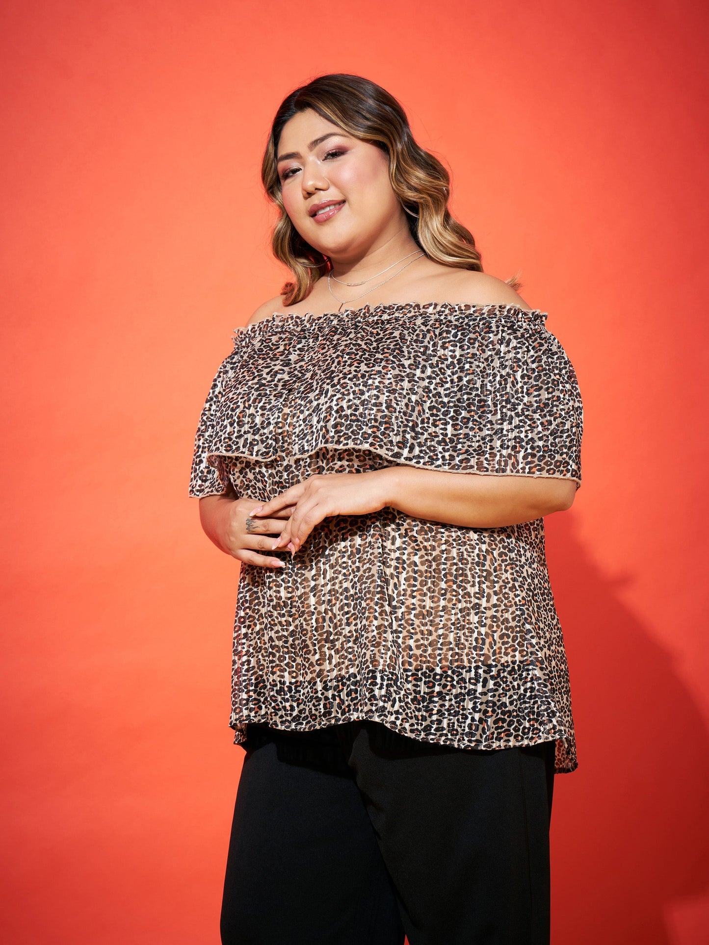 Beige Animal Lurex Frill Bardot Top