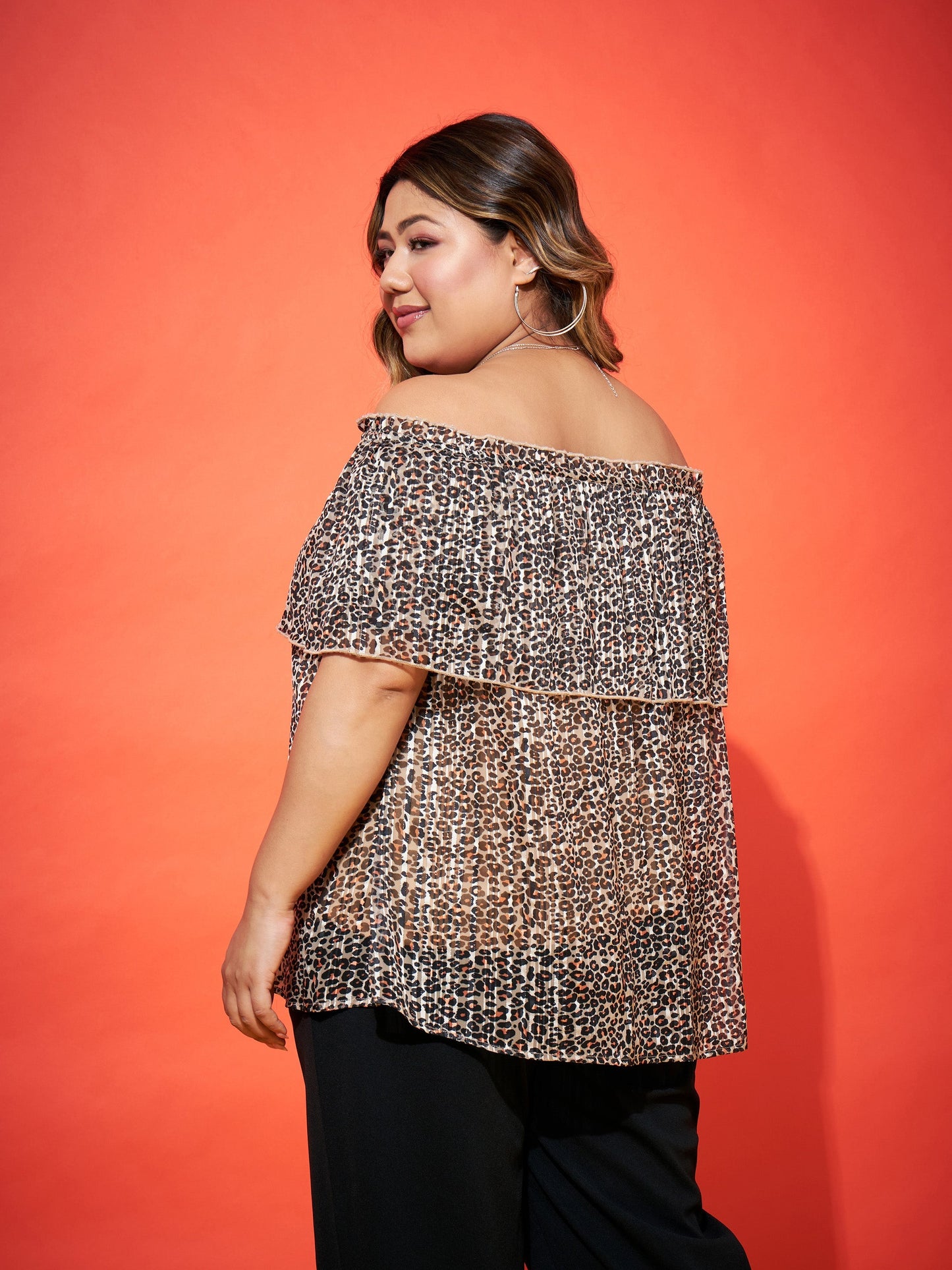 Beige Animal Lurex Frill Bardot Top