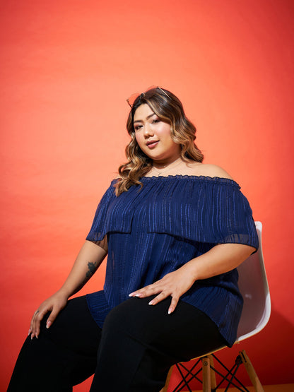 Navy Lurex Frill Bardot Top