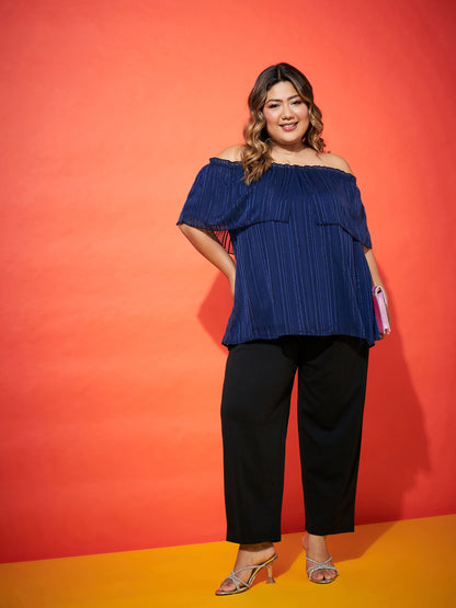 Navy Lurex Frill Bardot Top