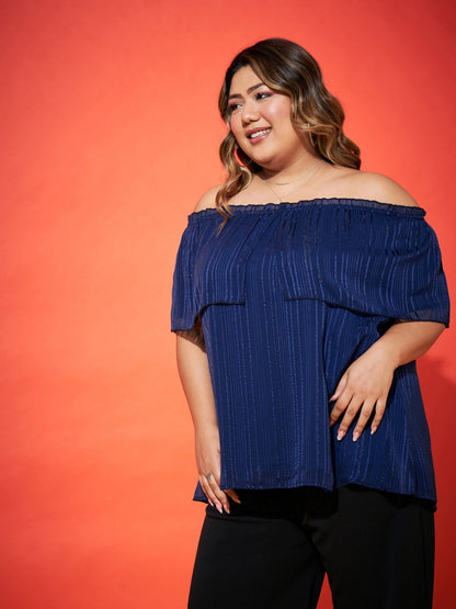 Navy Lurex Frill Bardot Top