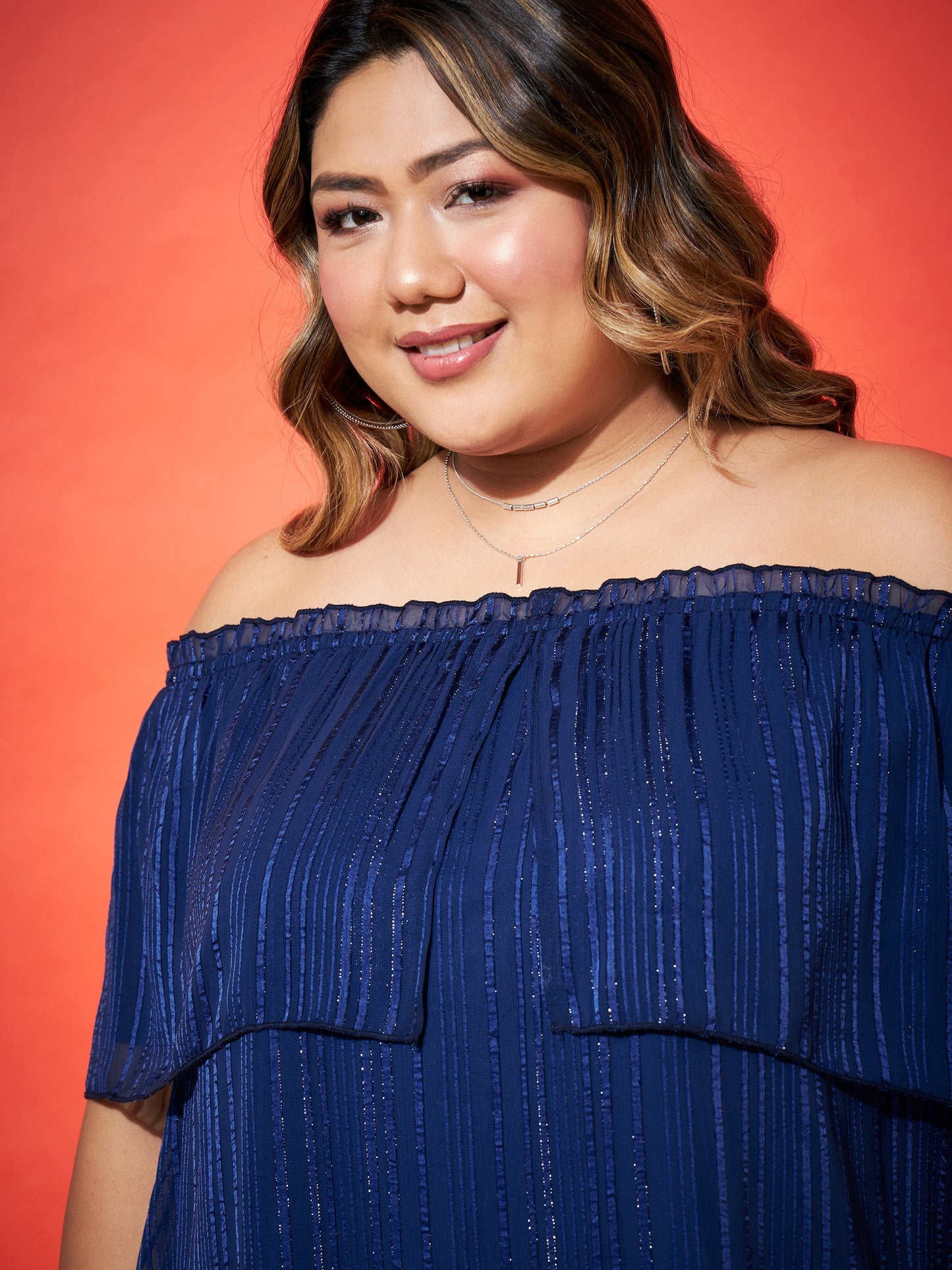 Navy Lurex Frill Bardot Top