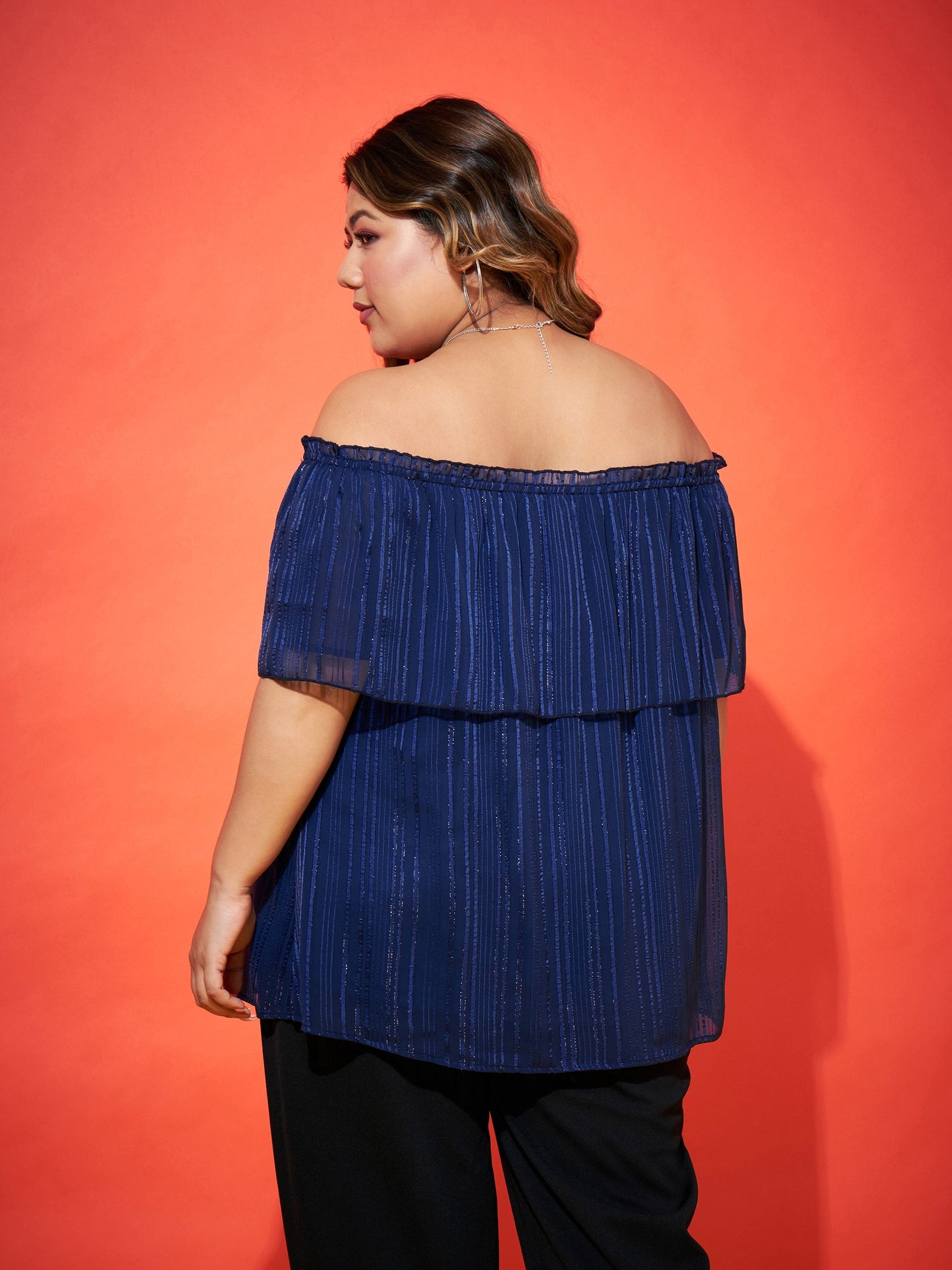 Navy Lurex Frill Bardot Top