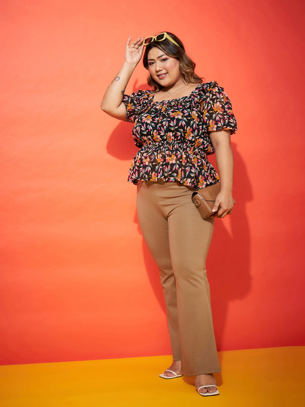 Black Floral Frill Peplum Top-SASSAFRAS Curve