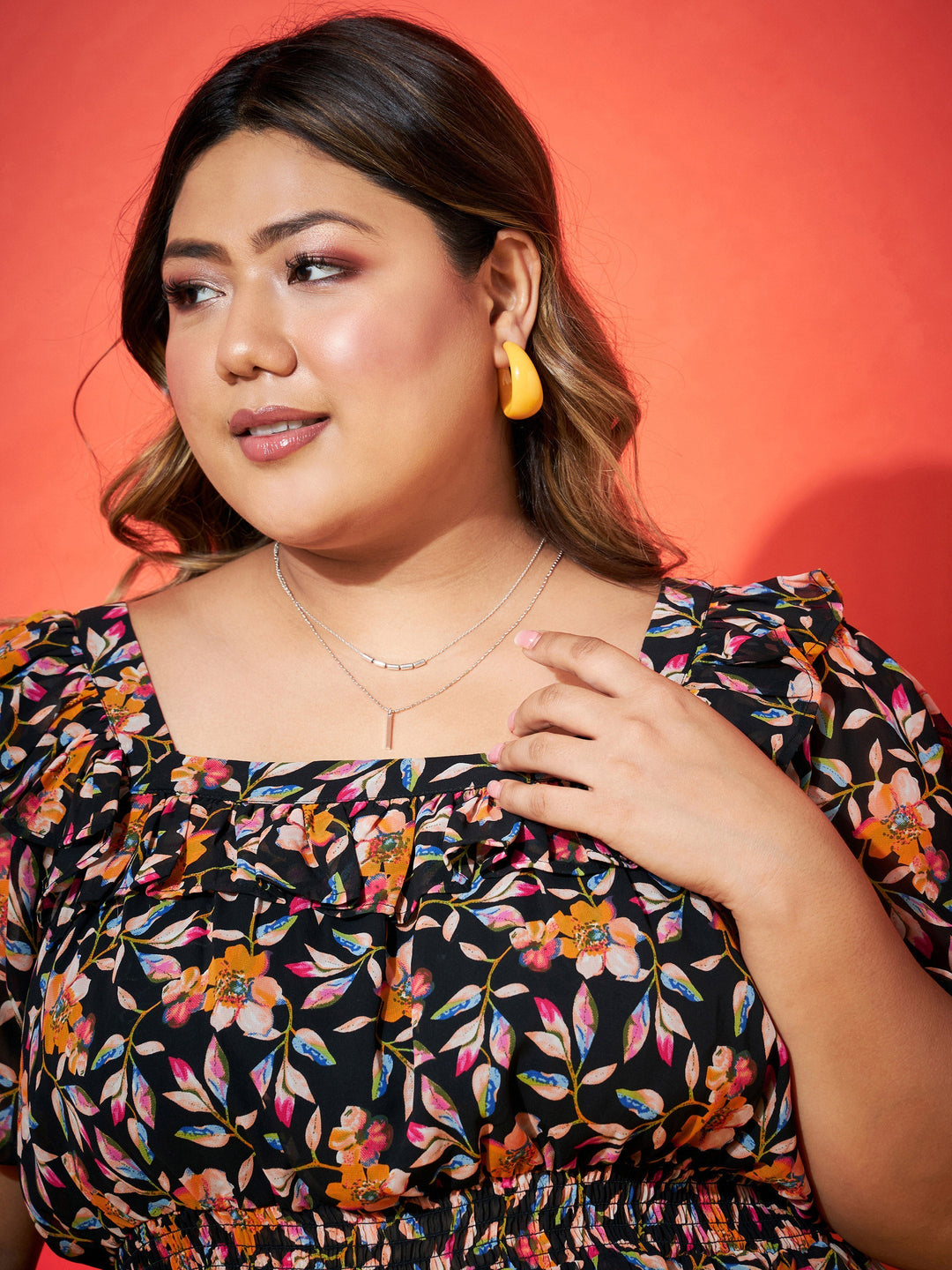 Black Floral Frill Peplum Top-SASSAFRAS Curve