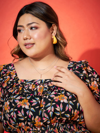 Black Floral Frill Peplum Top-SASSAFRAS Curve