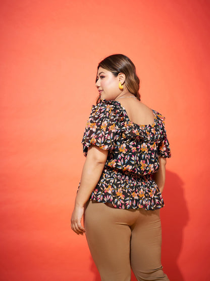 Black Floral Frill Peplum Top-SASSAFRAS Curve