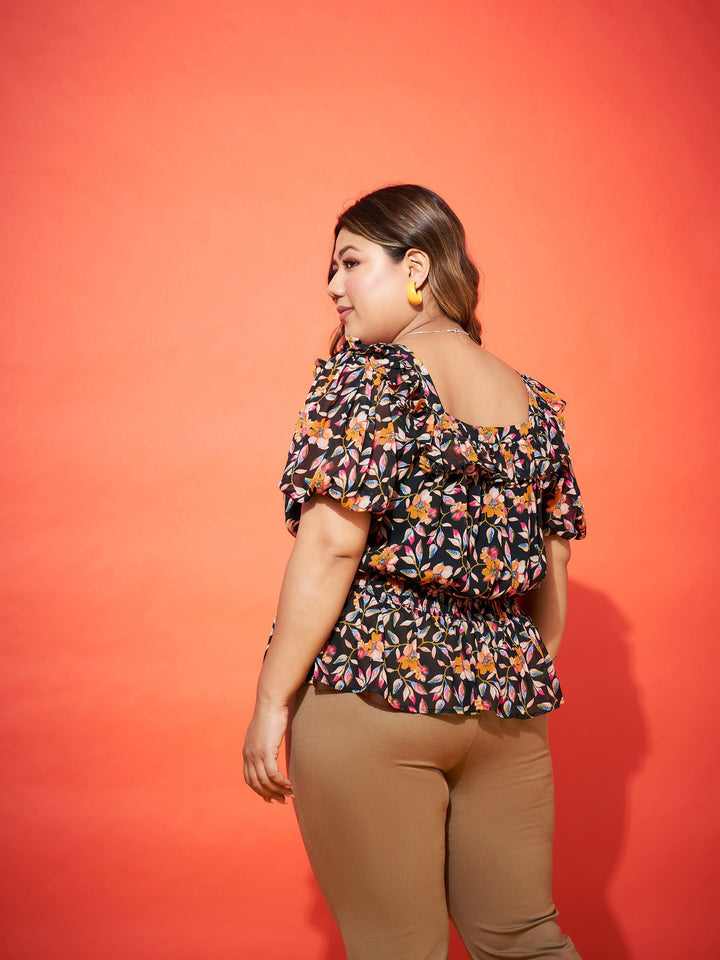Black Floral Frill Peplum Top-SASSAFRAS Curve