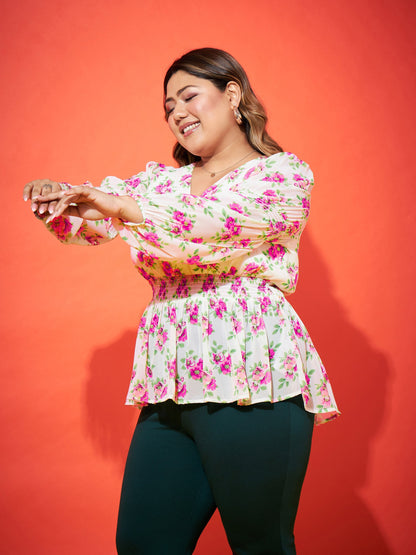 White Floral Wrap Peplum Top