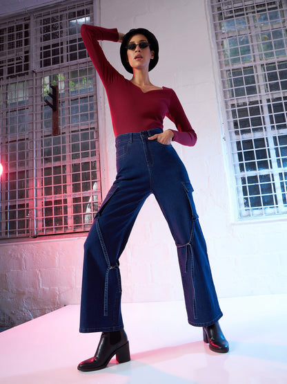 Women Maroon Sweetheart Neck Rib Top