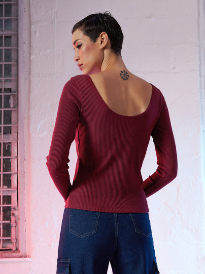 Women Maroon Sweetheart Neck Rib Top