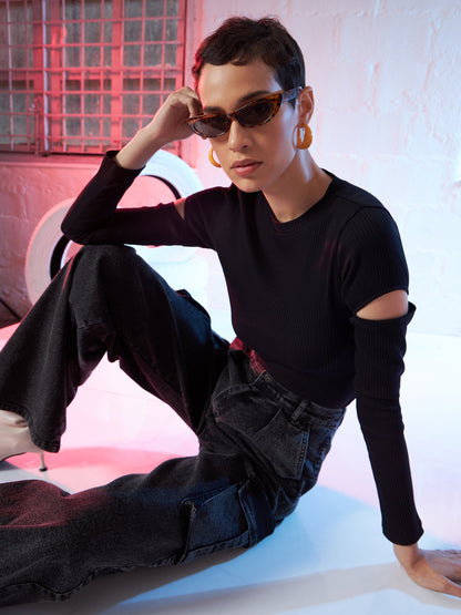 Black Bicep Cut Out Rib Top
