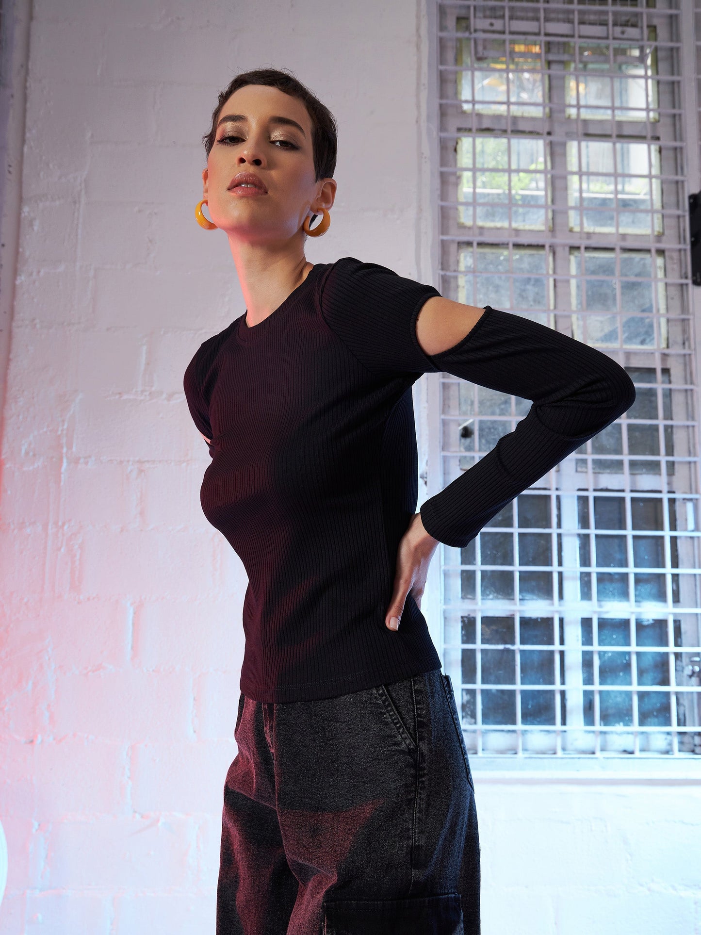 Black Bicep Cut Out Rib Top