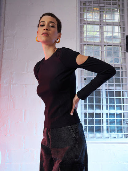 Black Bicep Cut Out Rib Top