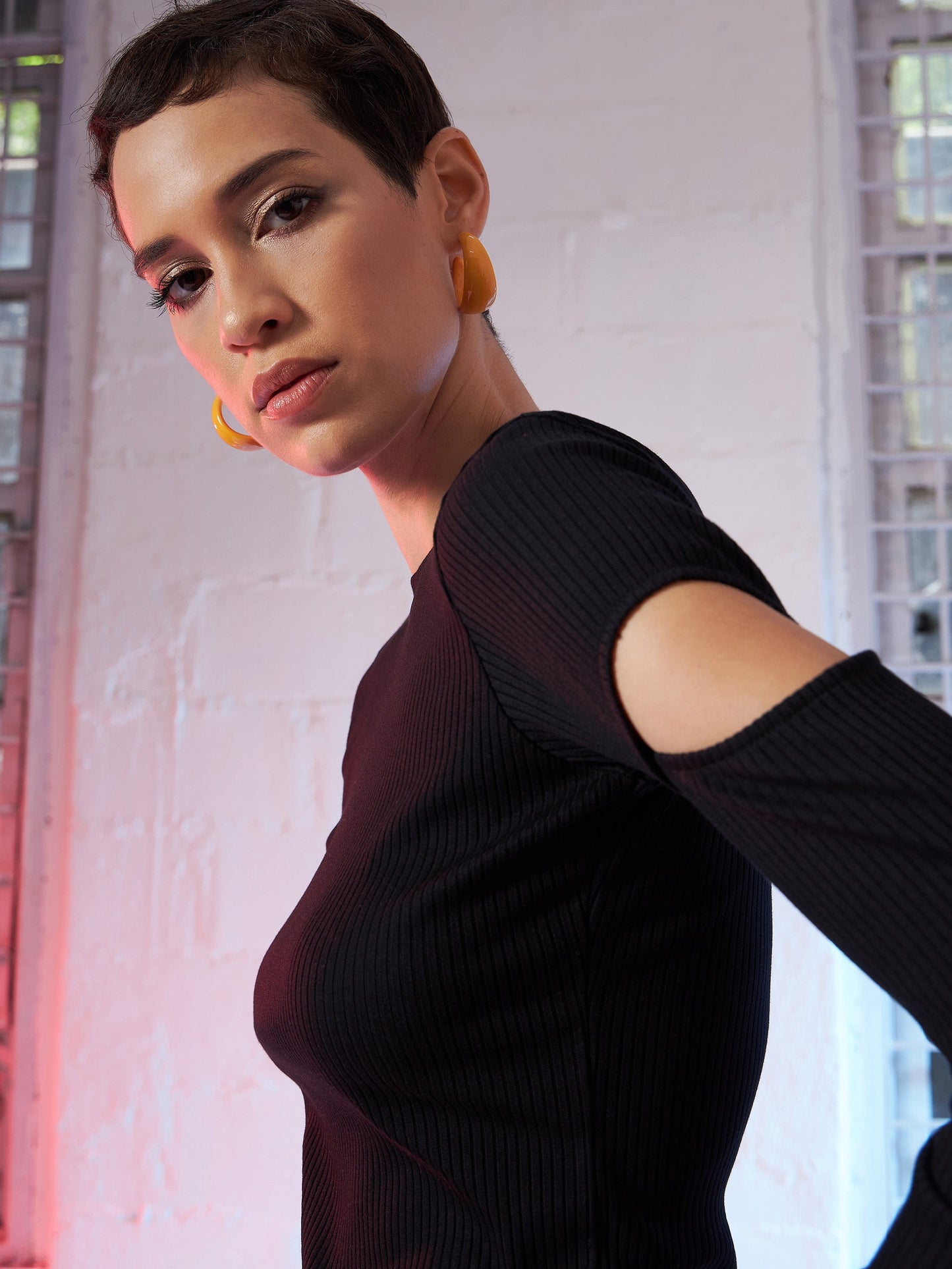 Black Bicep Cut Out Rib Top
