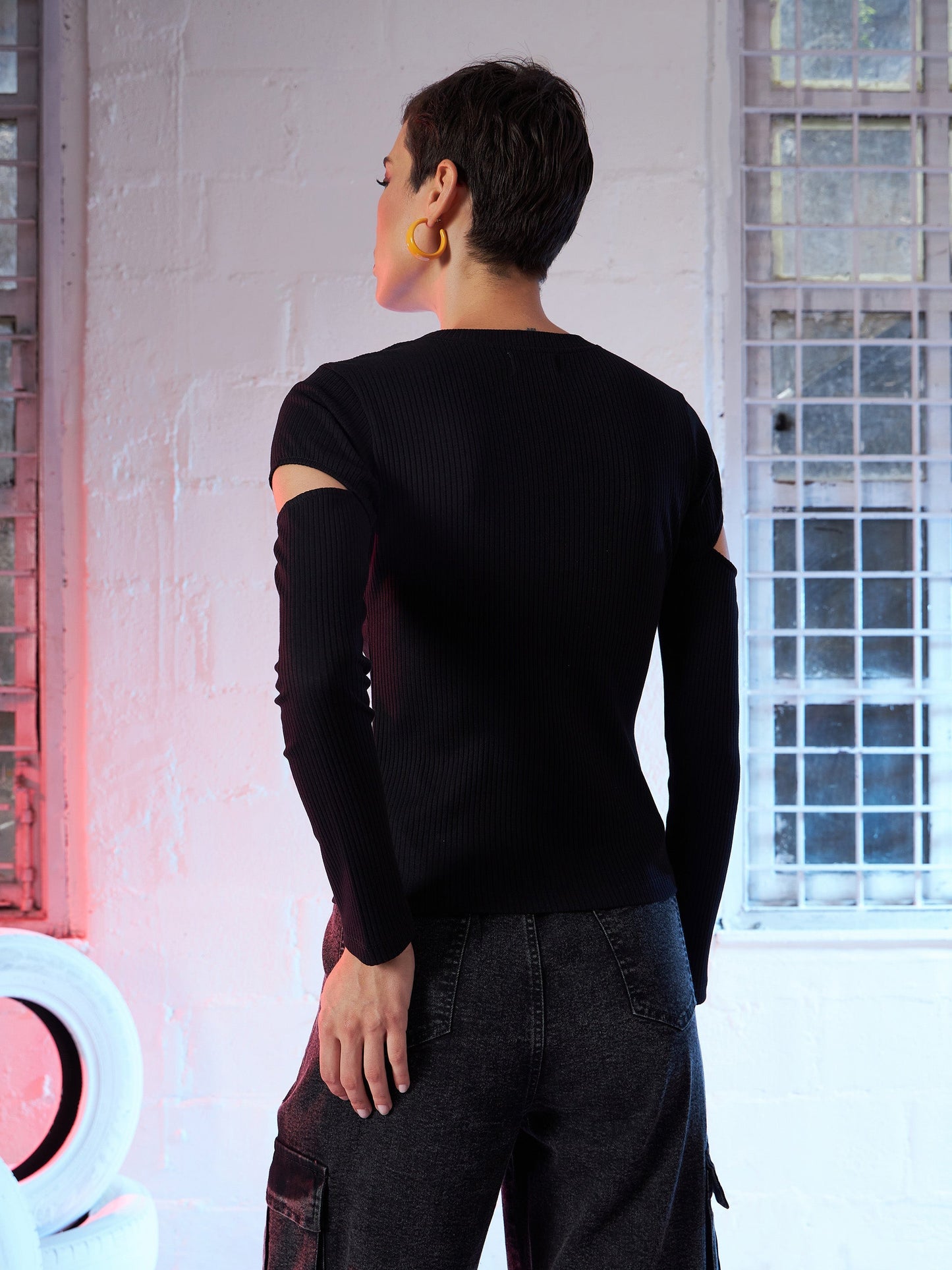Black Bicep Cut Out Rib Top