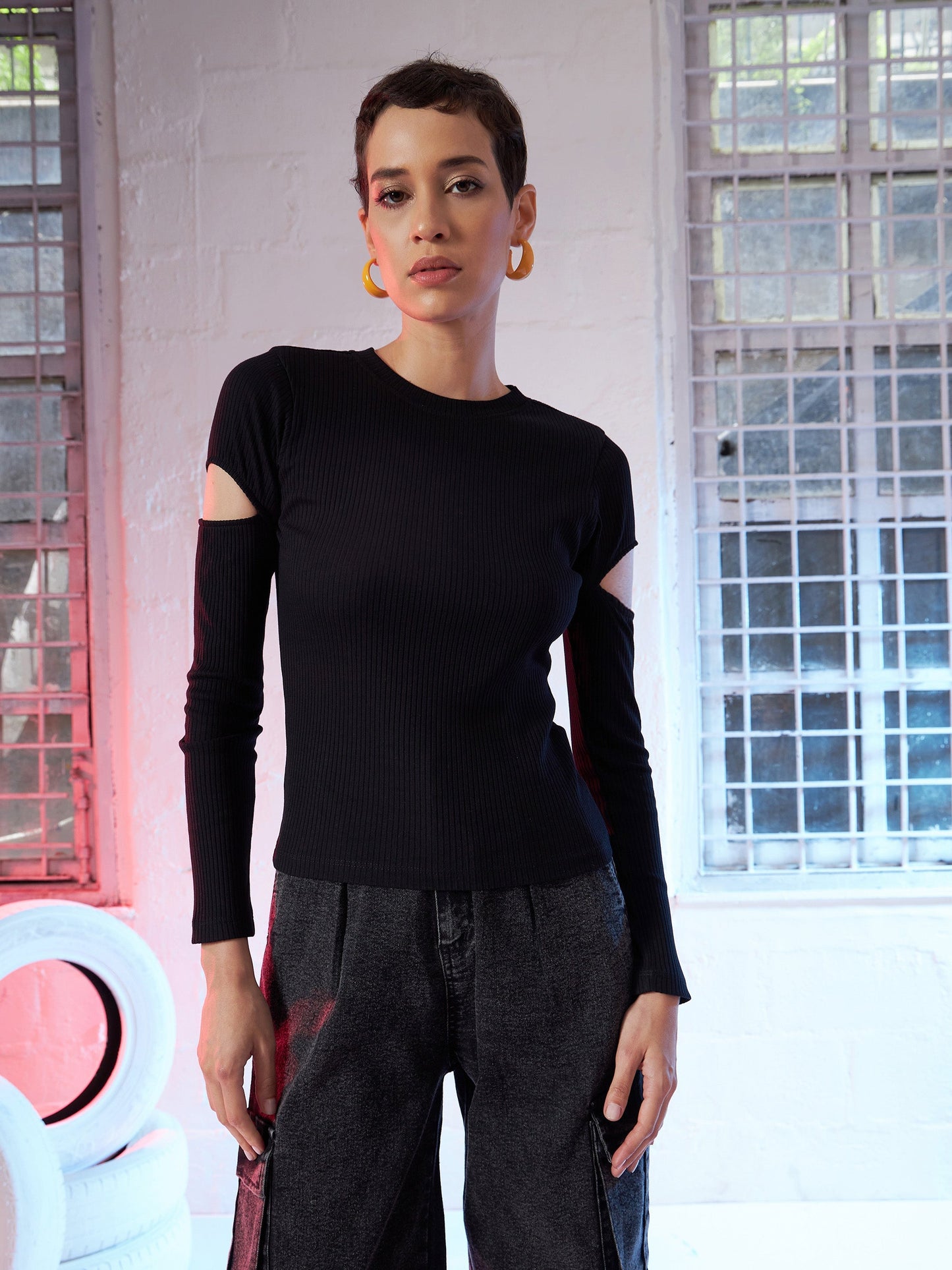 Black Bicep Cut Out Rib Top