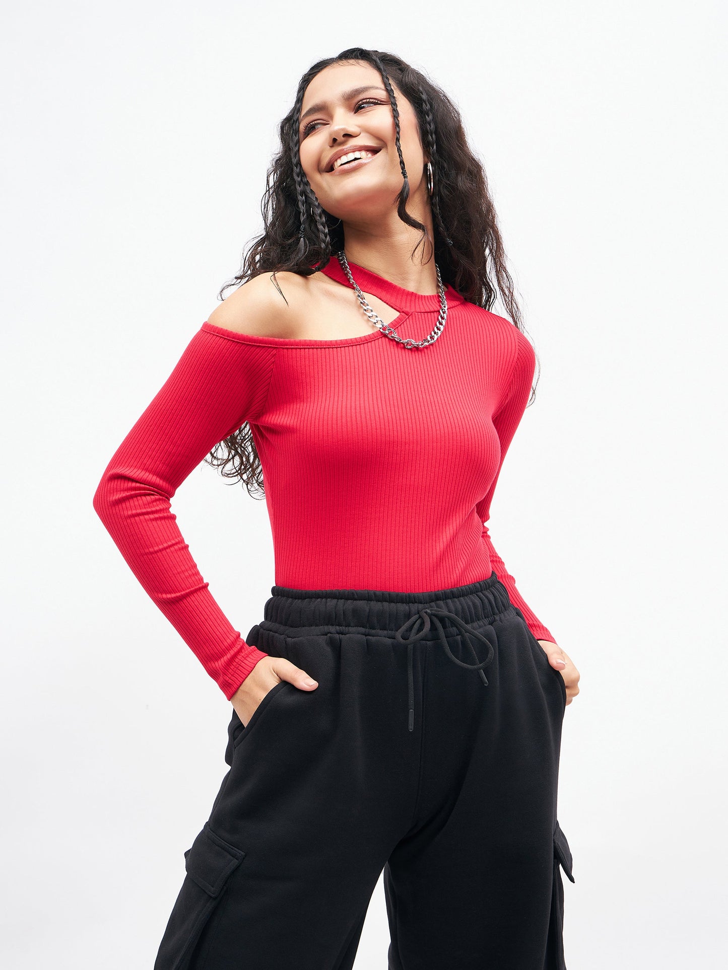 Women Pink High Neck Shoulder Cut Out Rib Top