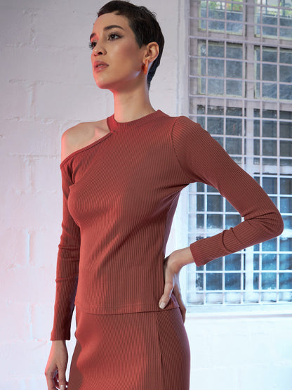 Rust High Neck Shoulder Cut Out Rib Top