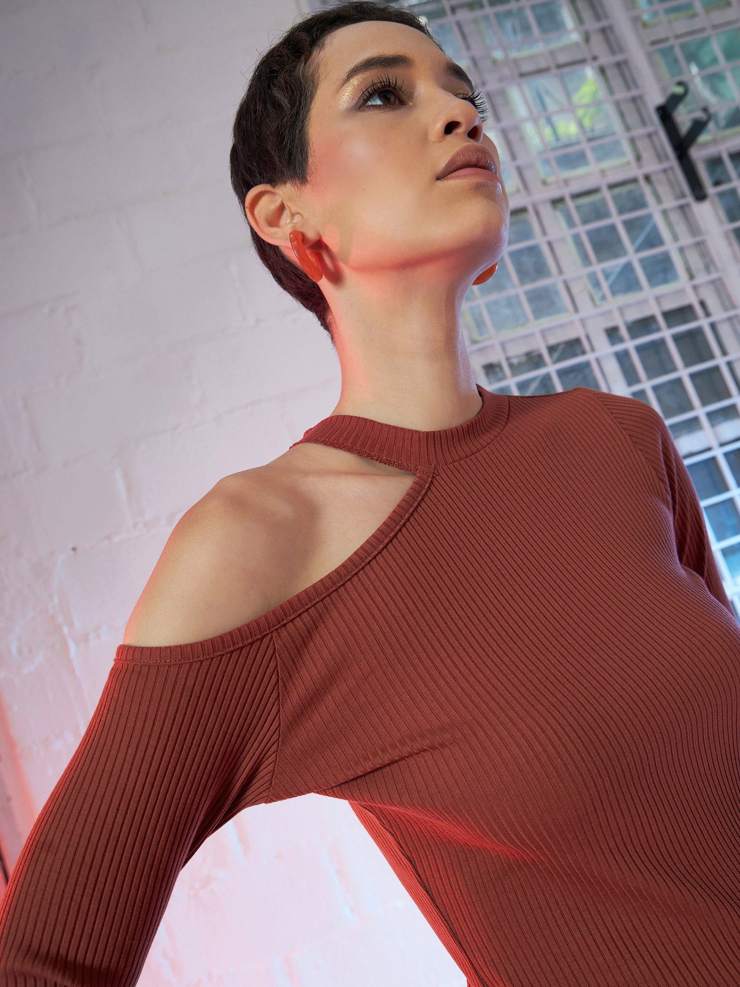 Rust High Neck Shoulder Cut Out Rib Top