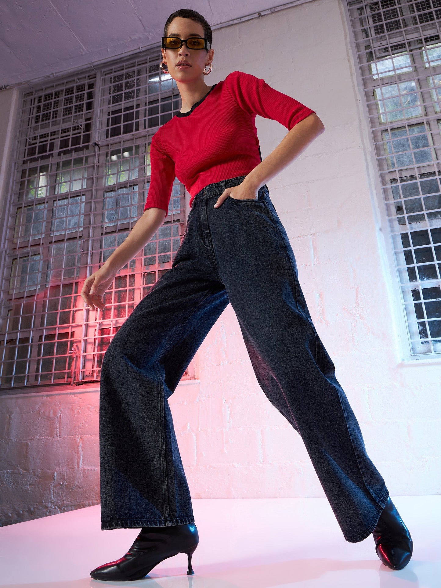 Pink Back Cut Out Contrast Collar Rib Top