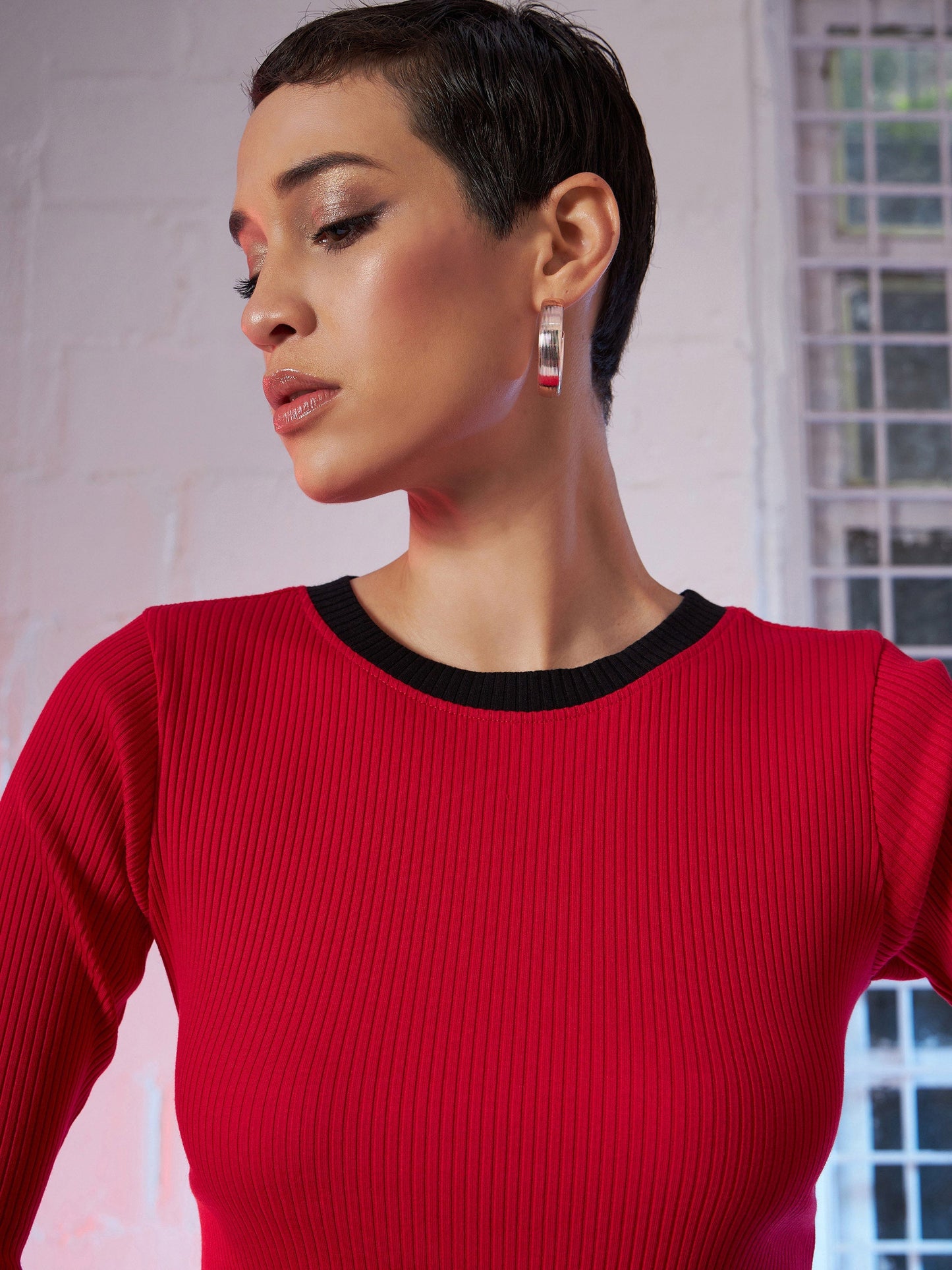 Pink Back Cut Out Contrast Collar Rib Top