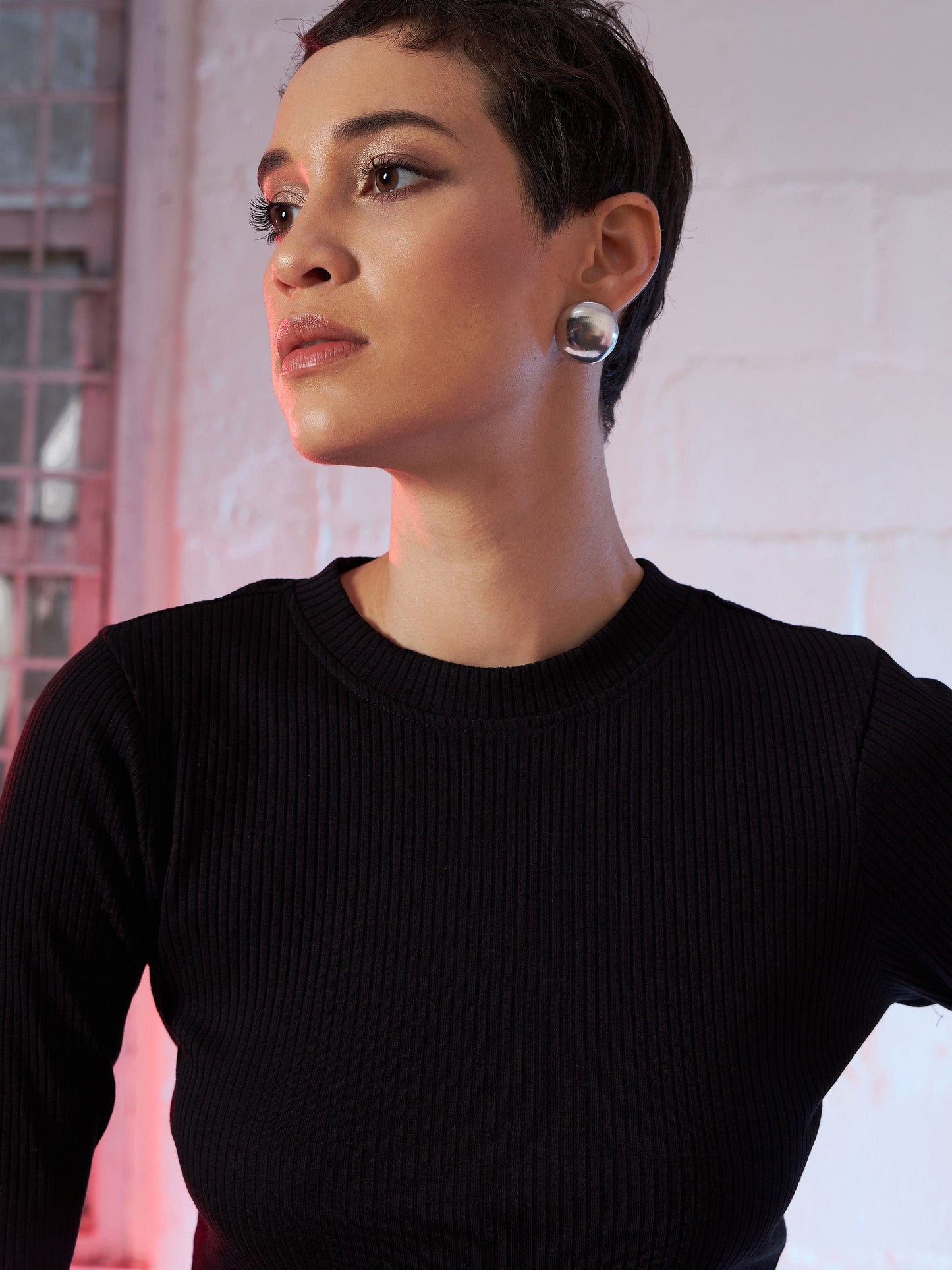 Black Back Cut Out Full Sleeves Rib Top