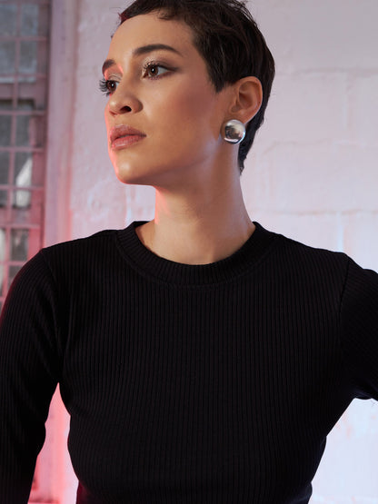 Black Back Cut Out Full Sleeves Rib Top