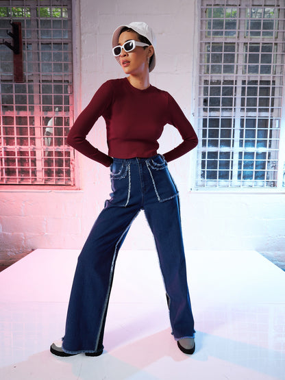 Maroon Back Cut Out Full Sleeves Rib Top