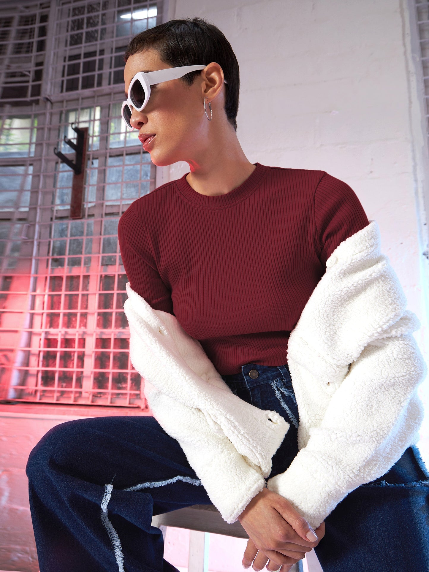 Maroon Back Cut Out Full Sleeves Rib Top