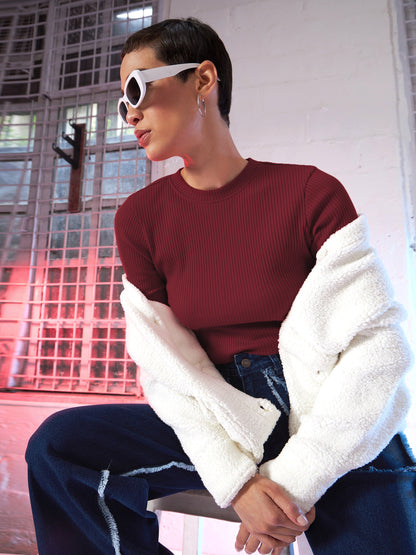 Maroon Back Cut Out Full Sleeves Rib Top