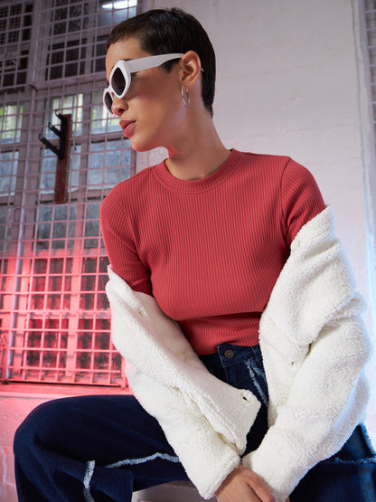 Rose Pink Back Cut Out Full Sleeves Rib Top