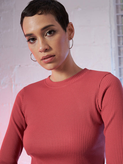 Rose Pink Back Cut Out Full Sleeves Rib Top