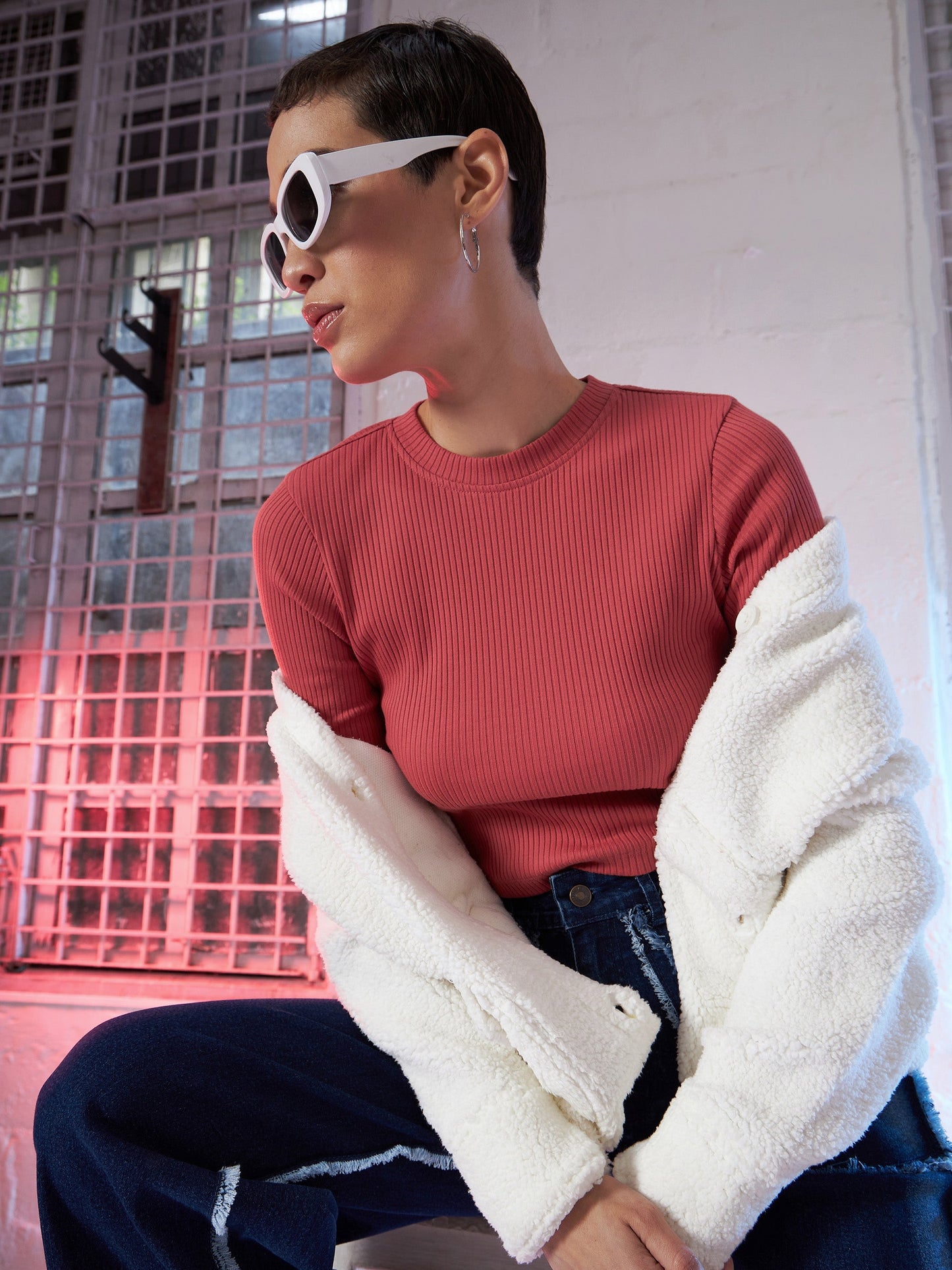 Rose Pink Back Cut Out Full Sleeves Rib Top