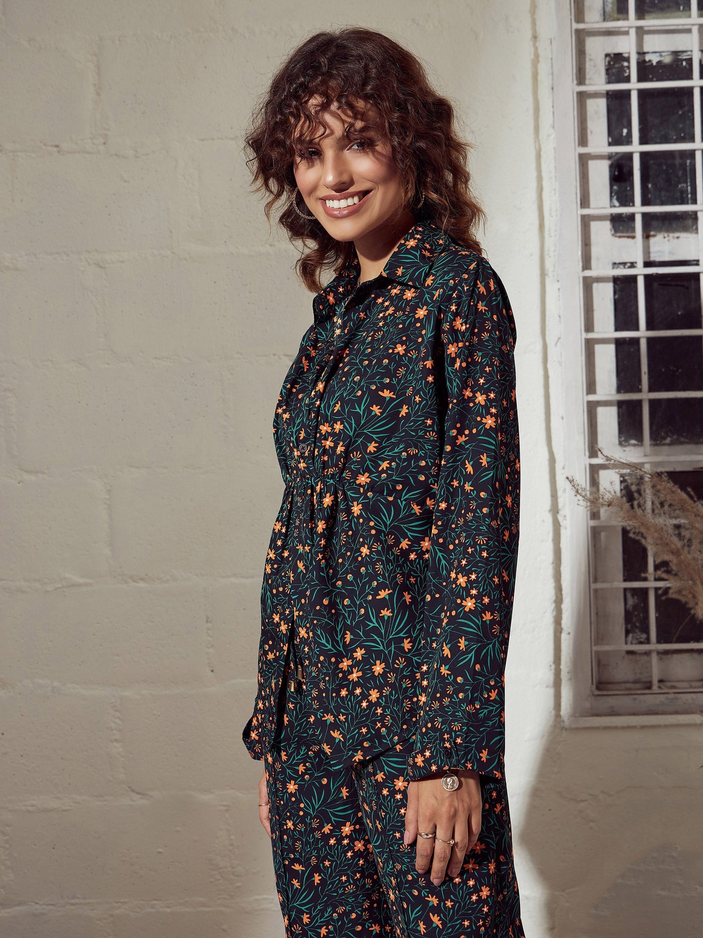 Green Disty Floral Twisted Top