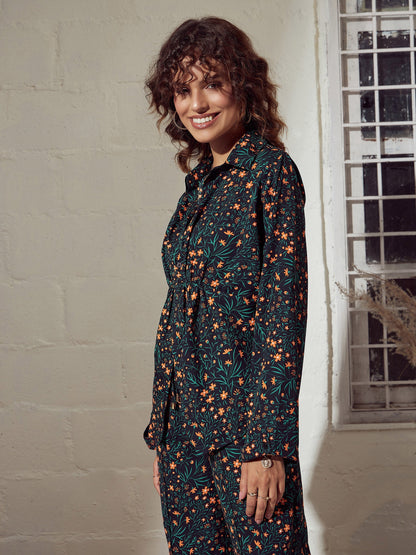 Green Disty Floral Twisted Top