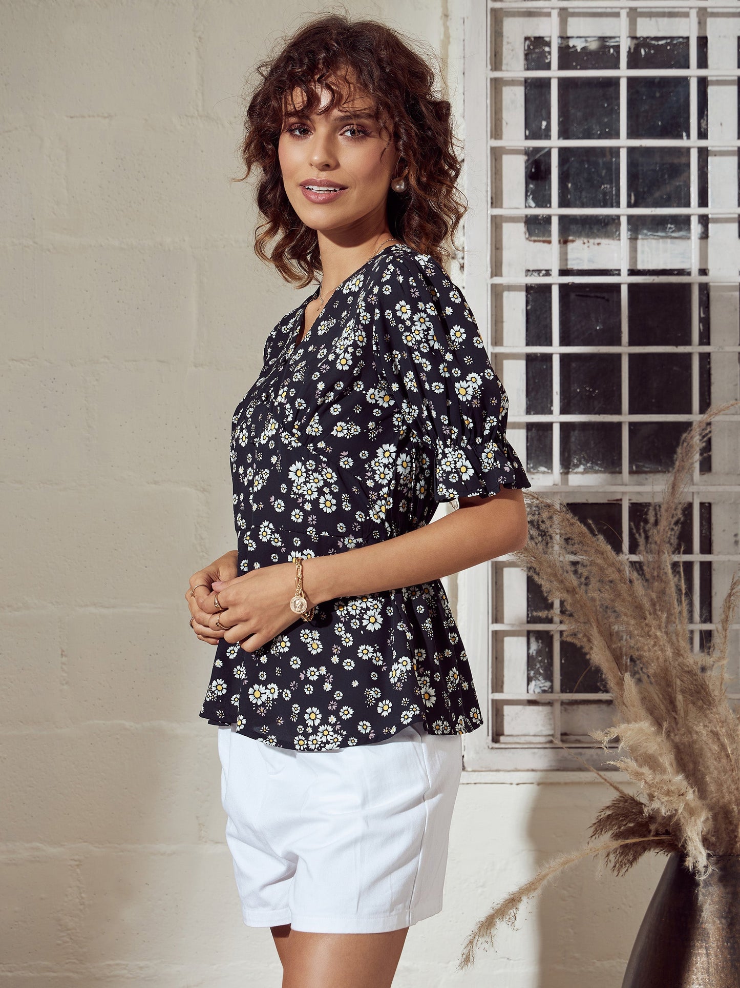 Black Floral Button Detail Peplum Top